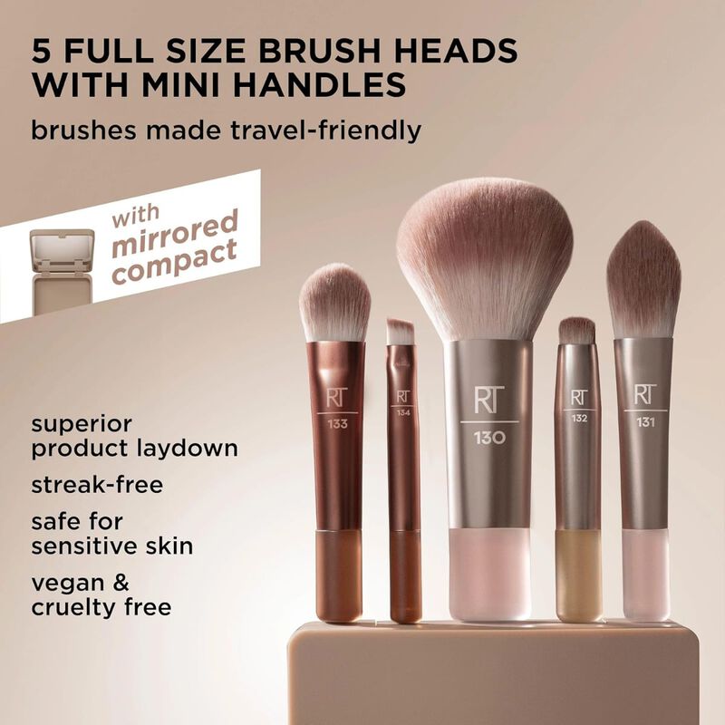 real techniques new nudes 2.0 ontheglow mini brush kit + mirrored compact, 6 piece set