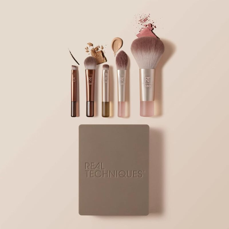 real techniques new nudes 2.0 ontheglow mini brush kit + mirrored compact, 6 piece set