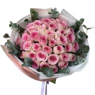 faces hand tied bouquet   31 pink roses with eucalyptus