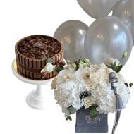 Giftset - Cake, Balloons and All White Flowers faces giftset cake balloons and all white flowers