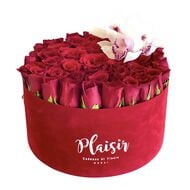 Velvet Hatbox - Red Roses with Orchids faces velvet hatbox red roses with orchids