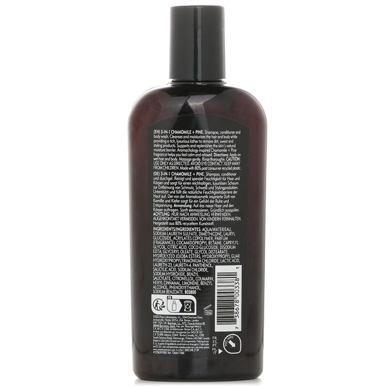 american crew 3in1 chamomile + pine shampoo, conditioner and body wash