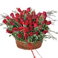Red Roses and Eucalyptus Basket faces red roses and eucalyptus basket
