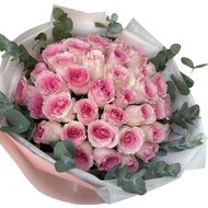 faces hand tied bouquet   31 pink roses with eucalyptus