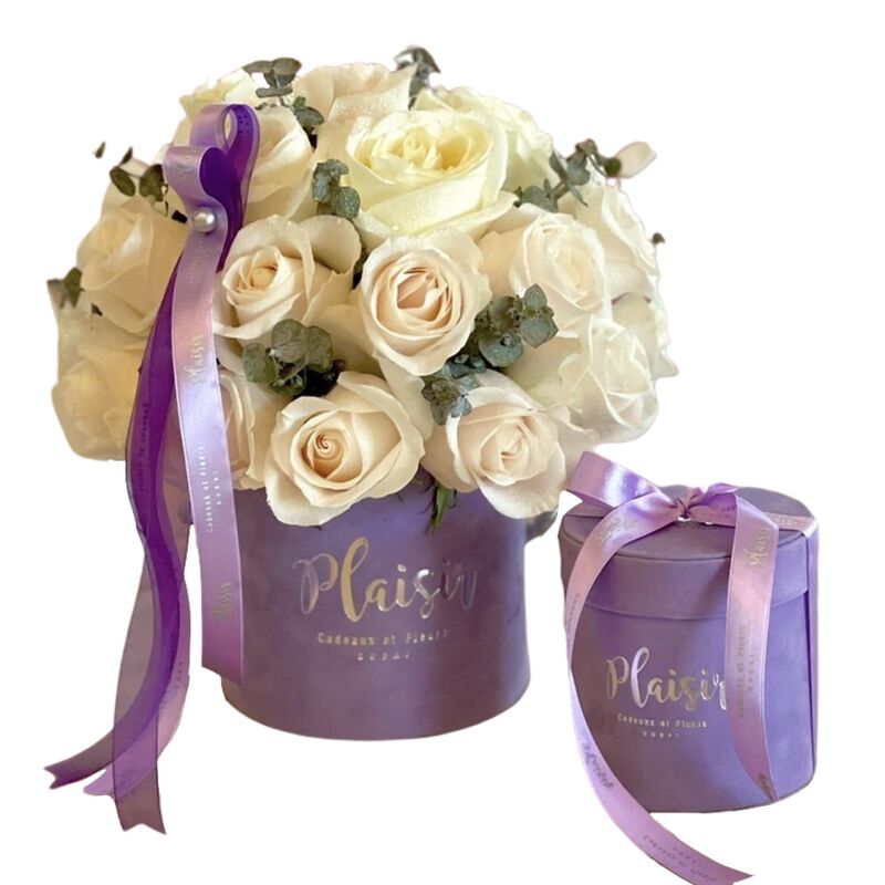 plaisir cadeaux et fleurs giftset  roses and eucalyptus with chocolates
