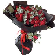 Hand-Tied Bouquet - 31 Red Roses and Eucalyptus faces hand tied bouquet 31 red roses and eucalyptus