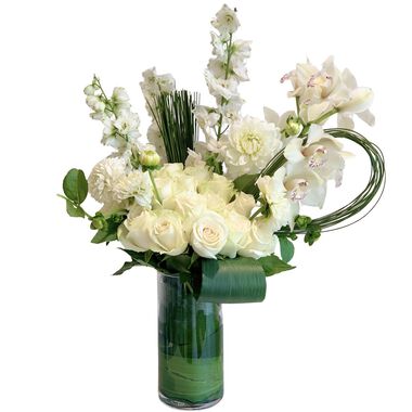 faces vase   all white roses orchids and more