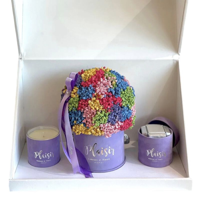 plaisir cadeaux et fleurs trio box  rainbow gypso, chocolates, candle