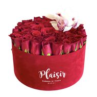 Velvet Hatbox - Red Roses with Orchids faces velvet hatbox red roses with orchids