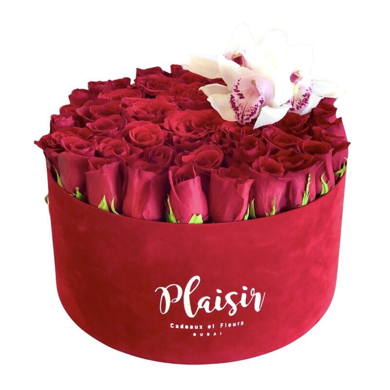 plaisir cadeaux et fleurs velvet hatbox red roses with orchids