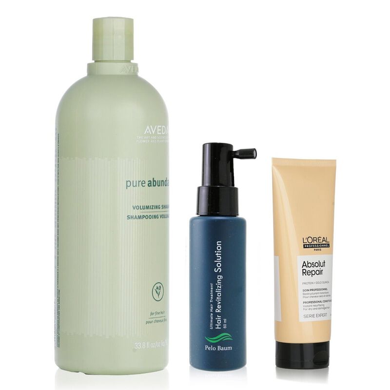 pelo baum hair revitalizing solution + aveda volumizing shampoo + l'oreal resurfacing conditioner