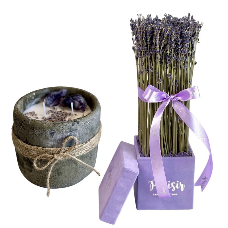 plaisir cadeaux et fleurs giftset lavender velvet and rustic candle