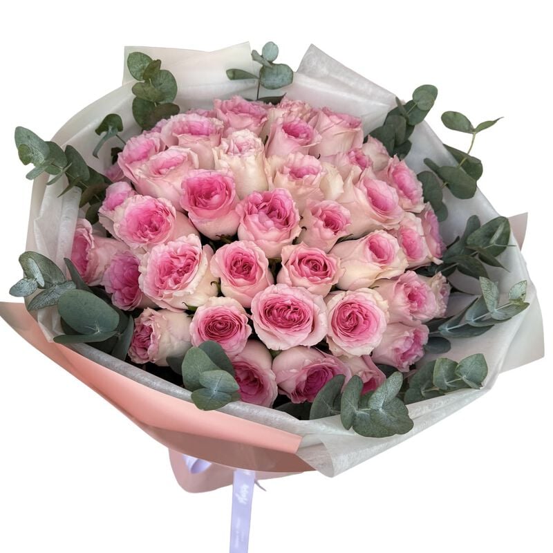plaisir cadeaux et fleurs handtied bouquet 31 pink roses with eucalyptus