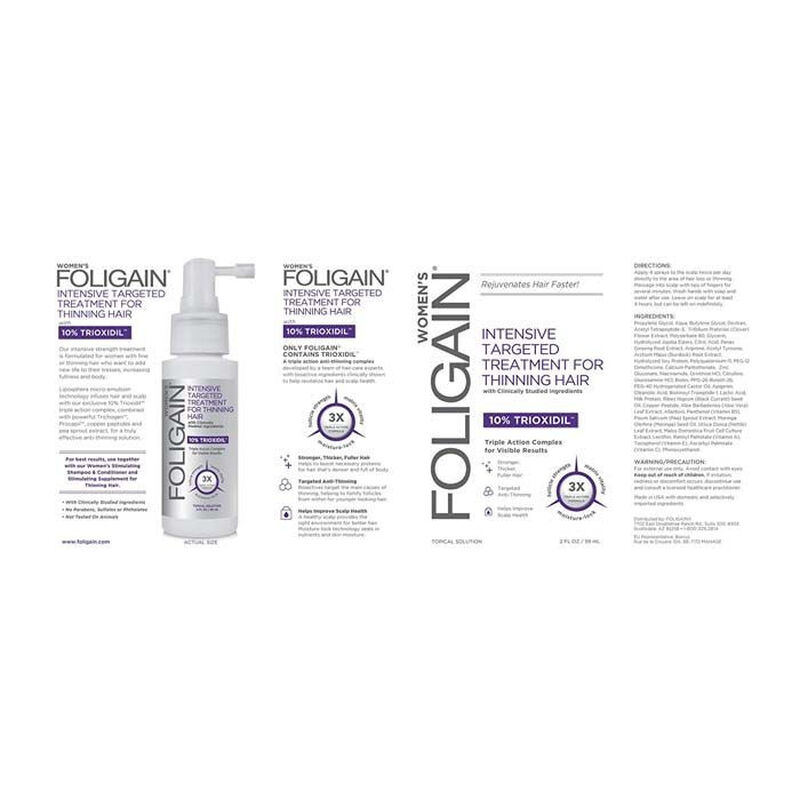 foligain triple action formula for thinning hair for women with 10% trioxidil