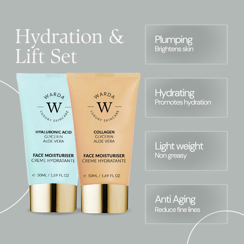 erthskin london skin hydration boost hyaluronic acid moisturiser 50ml + skin lifter boost collagen moisturiser 50ml