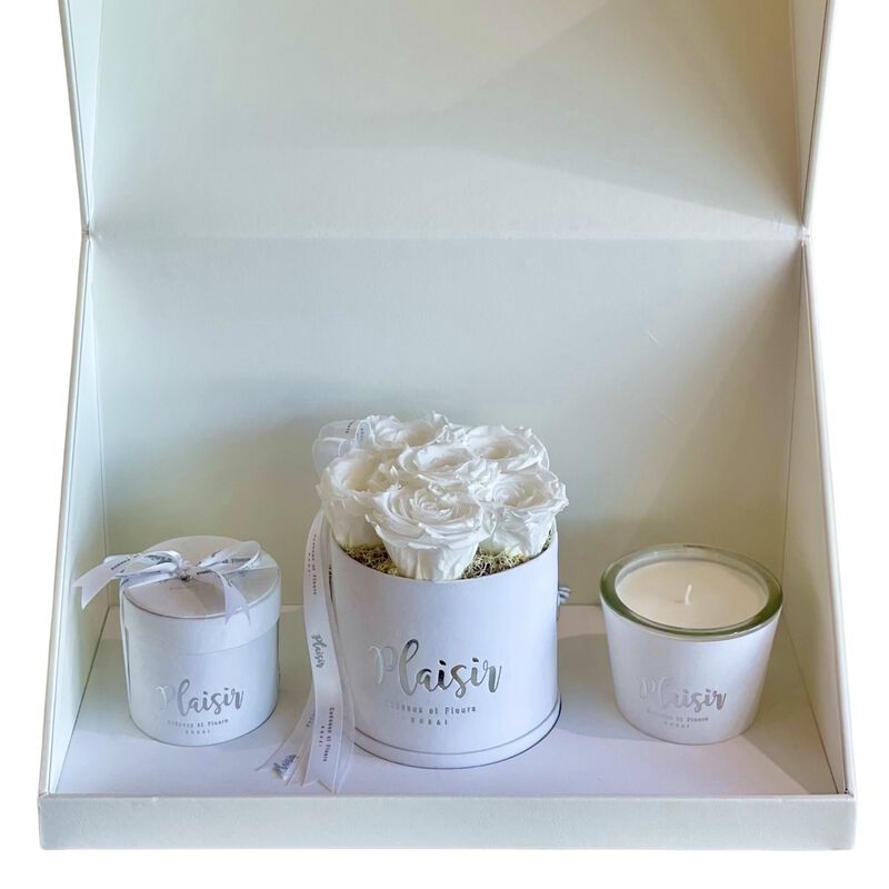 plaisir cadeaux et fleurs trio boxsix infinity roses, chocolates, candle