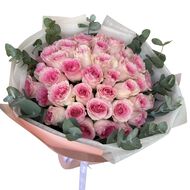 faces hand tied bouquet   31 pink roses with eucalyptus
