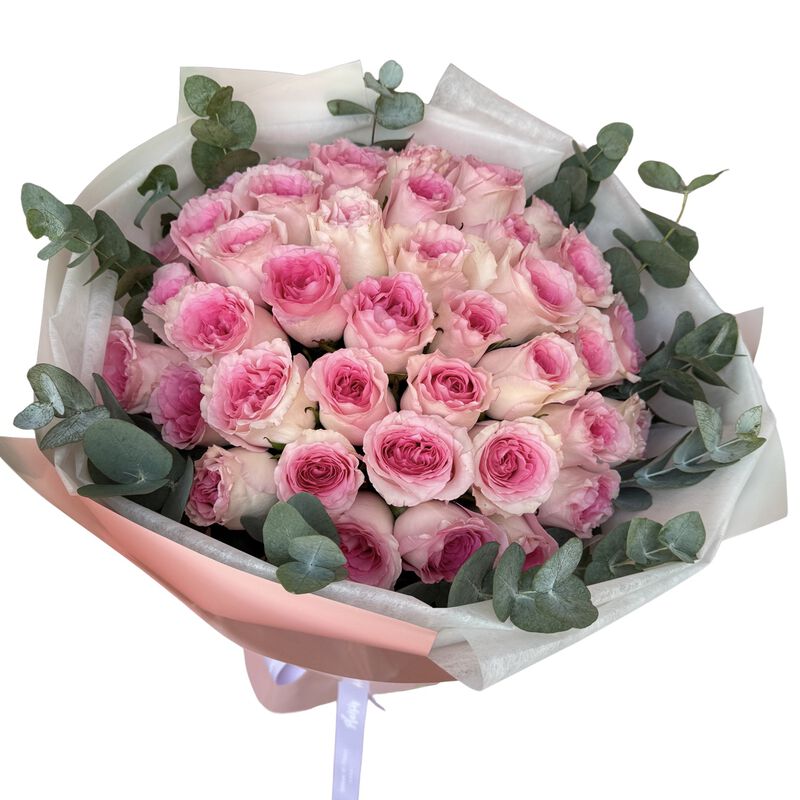 plaisir cadeaux et fleurs handtied bouquet  31 pink roses with eucalyptus