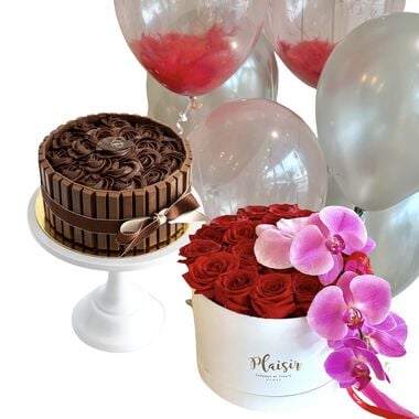Giftset - Cake, Balloons and Red Roses with Orchid faces giftset cake balloons and red roses with orchid
