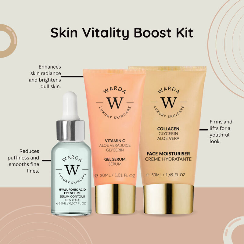erthskin london skin glow boost vitamin c gel serum 30ml + skin hydration boost hyaluronic acid eye serum 15ml + skin lifter boost collagen moisturiser 50ml