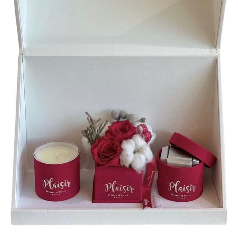 plaisir cadeaux et fleurs trio box double infinity, chocolates, candle