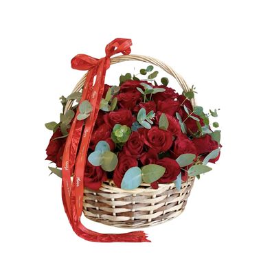 faces red roses and eucalyptus basket