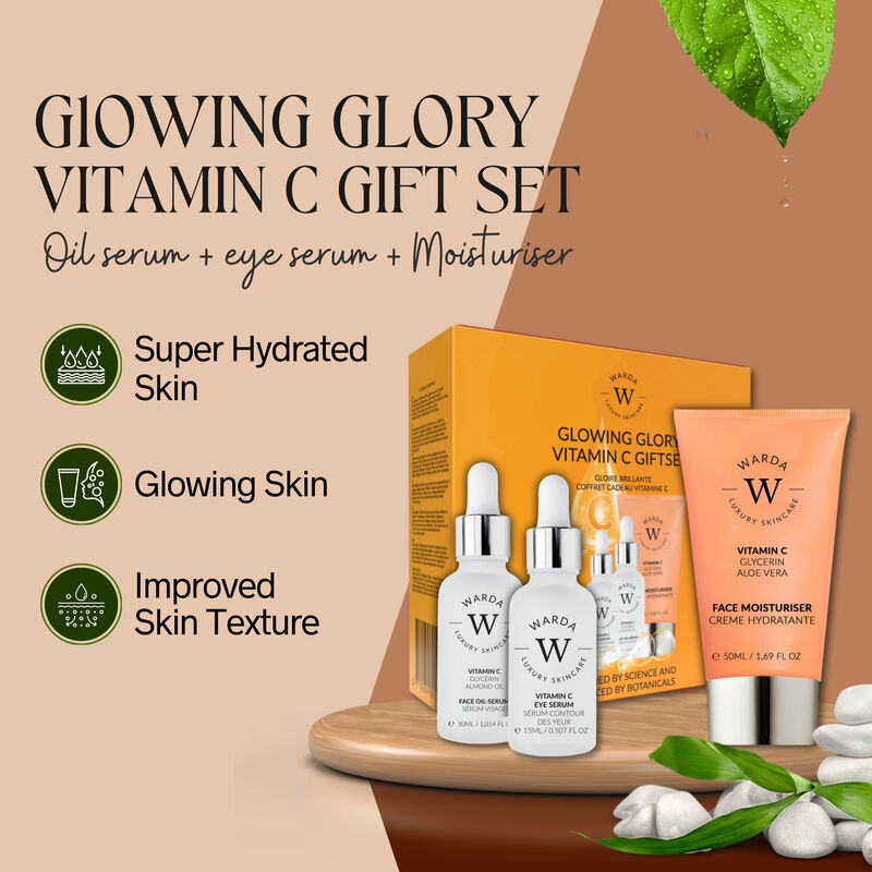erthskin london warda glowing glory vitamin c gift set ( oil serum + eye serum + moisturiser )