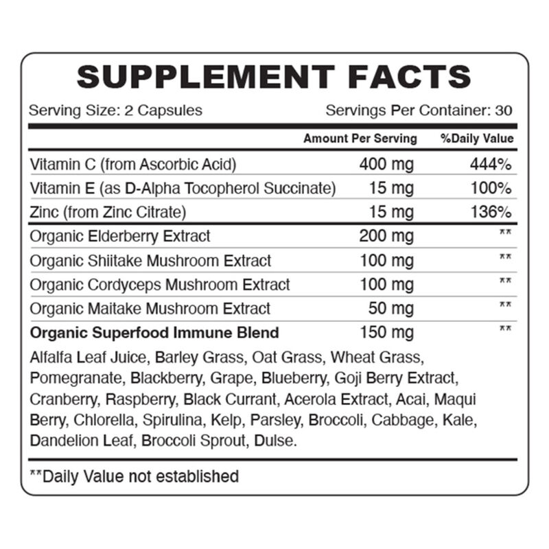 organic earth immune guard, vitamin c, zinc, elderberry and mushroom immune support