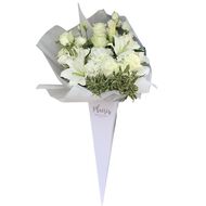 Flower Cone - White Hydrangeas and Roses faces flower cone white hydrangeas and roses