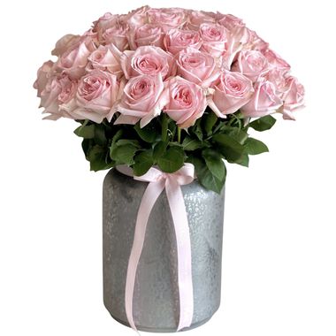 faces vase   pink garden roses  royal silver