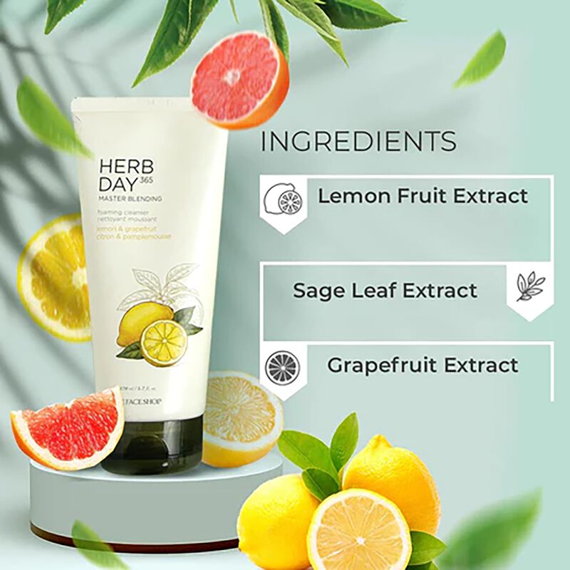 the face shop herbday 365 master blending facial foaming cleanser lemon & grape fruit