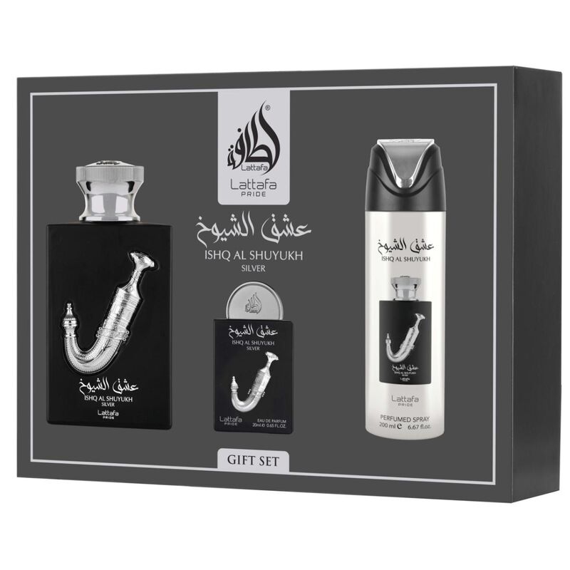 lattafa gift set ishq al shuyukh silver 3pc