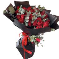 Hand-Tied Bouquet - 31 Red Roses and Eucalyptus faces hand tied bouquet 31 red roses and eucalyptus