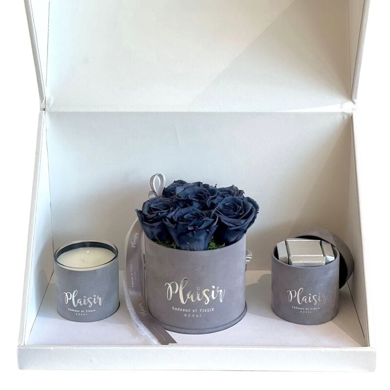 Trio Box-six Infinity Roses, Chocolates, Candle
