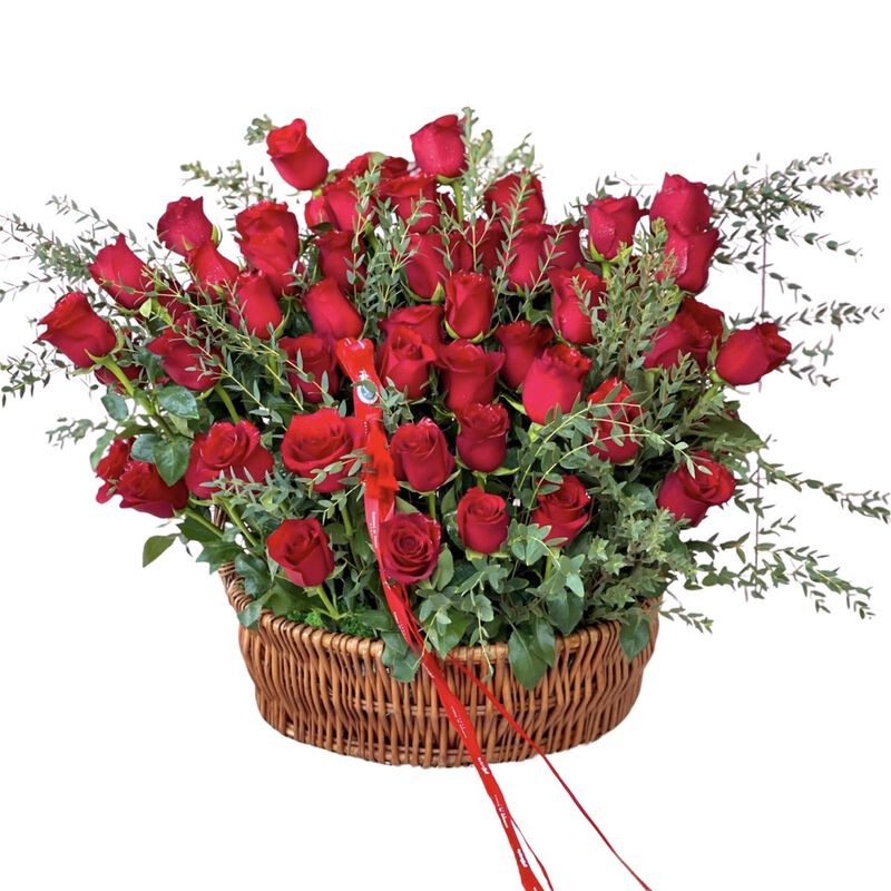 Red Roses And Eucalyptus Basket