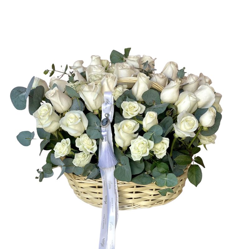 White Roses And Eucalyptus Basket